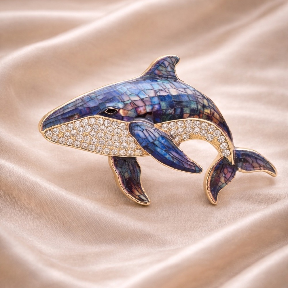 Anthropologie Blue and Gold Whale Brooch